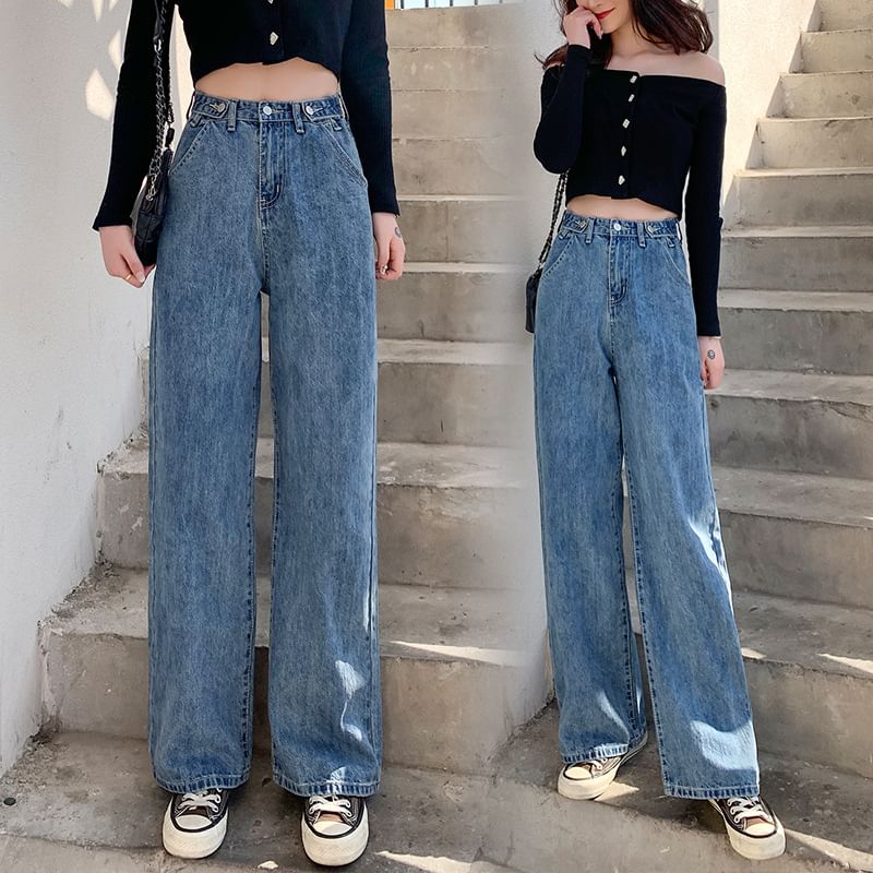 Denimot - High-Waist Washed Loose Fit Jeans (ongeopende knoopsgaten)