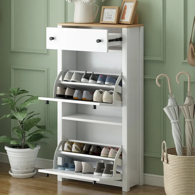 Entryway Organizer with 2 Drawers,Wood Grain Pattern Top Shoe Cabinet with Drawer, Free Standing Shoe Rack with Adjustable Panel