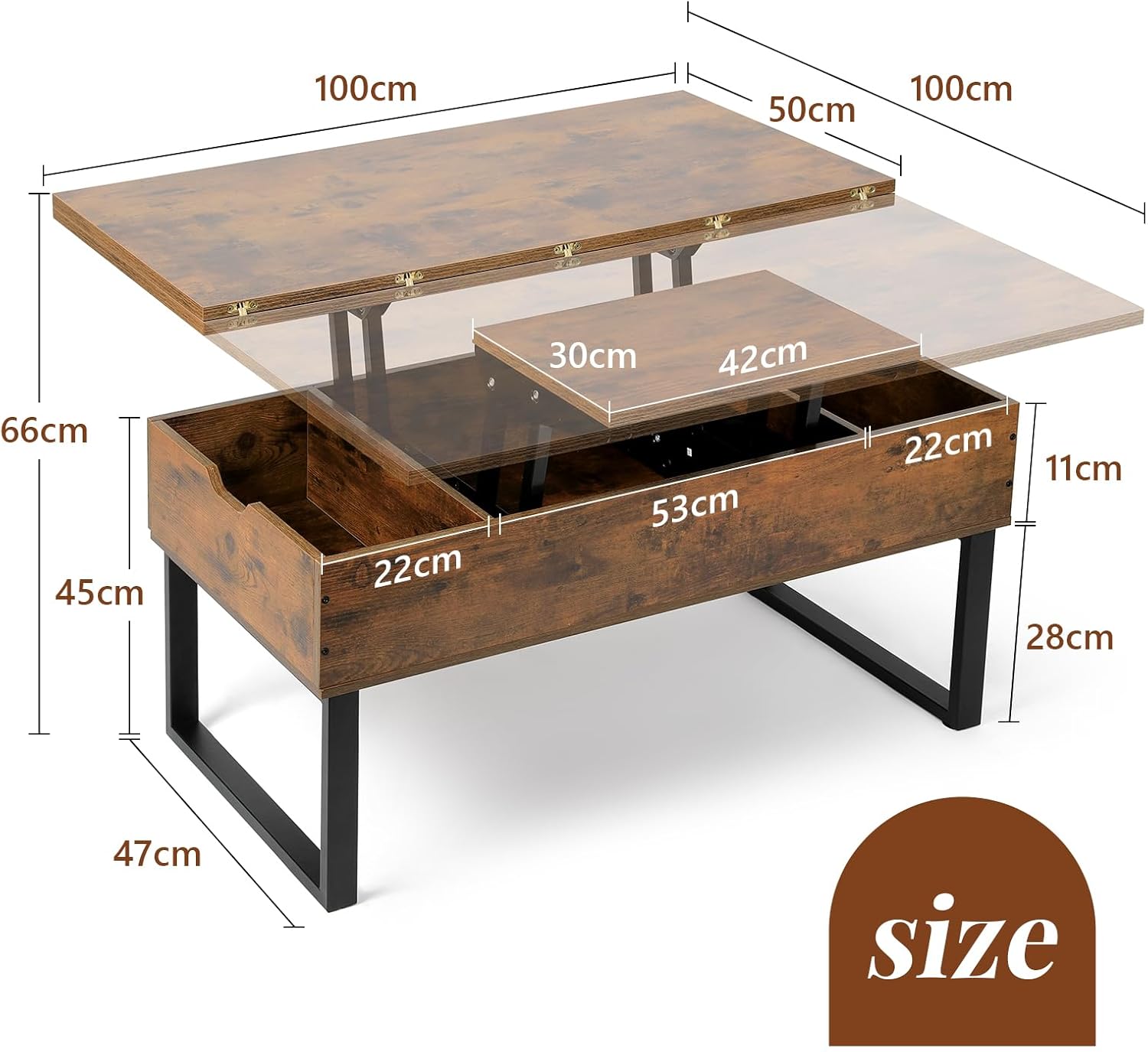 VOWNER Couchtisch Höhenverstellbar, 3-in-1-Multifunktions-Wohnzimmertisch mit Versteckter Aufbewahrung, Couchtisch Umwandelbar in Wohnzimmer-Esstisch, Vintage-Braun
