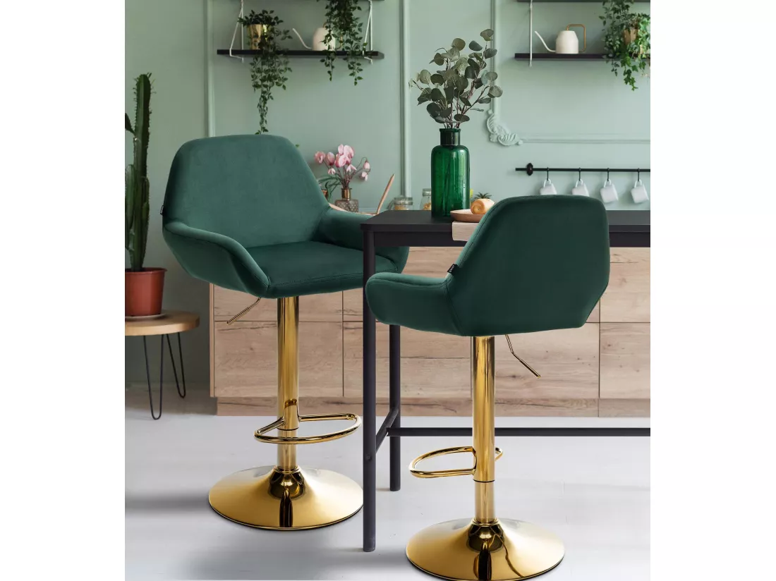 Lot de 2 Tabouret de bar - Velours & Métal - Vert foncé - Braga