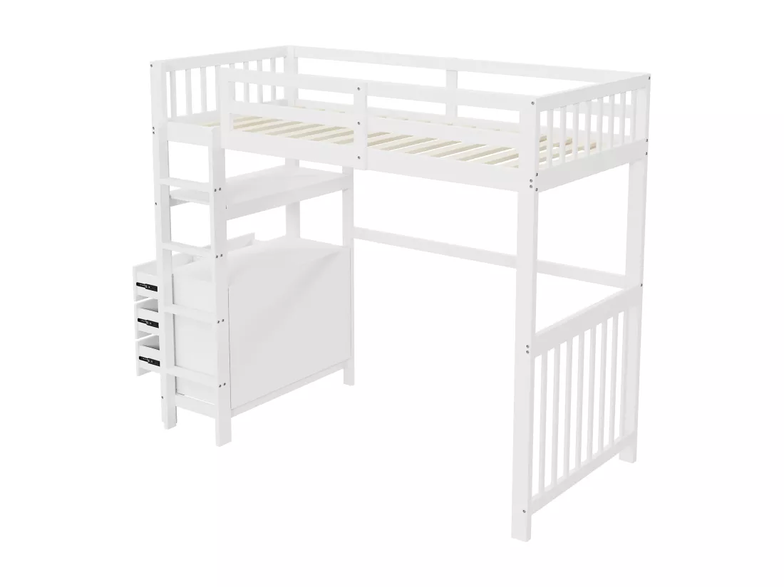 Lit mezzanine 90 x 200 cm avec avec bureau, étagère & 6 tiroirs - bois de pin et MDF - blanc (sans matelas)