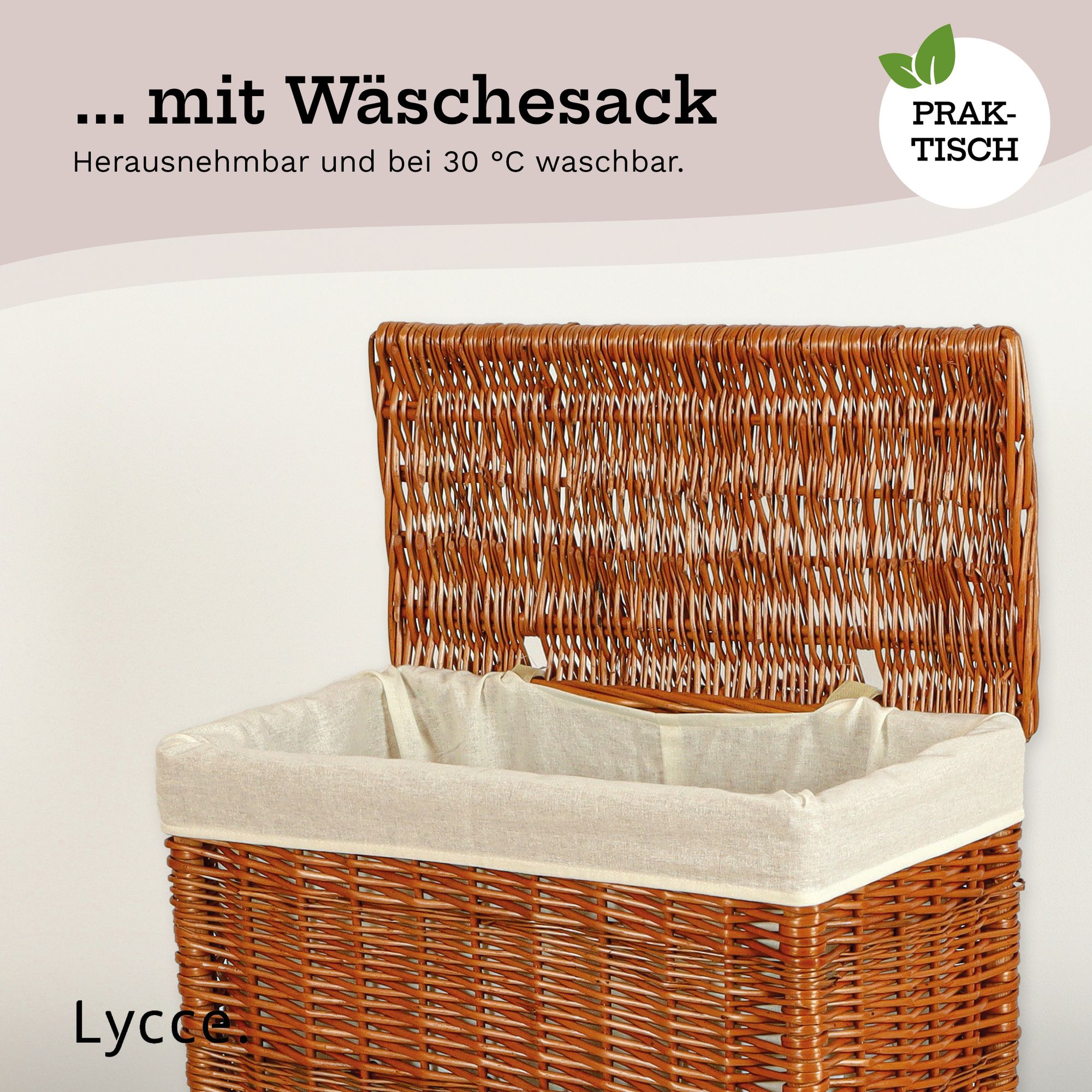 Lycce Nischenwäschekorb 60L mit Deckel, aus Weide geflochten