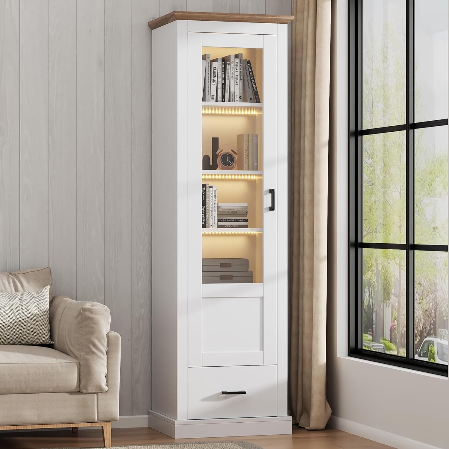 Merax Vitrine mit LED-Lichtern, Glasvitrine mit Schubladen und 5 Fächern, Modern Vitrinenschrank Bücherschrank Sammlervitrine, Hochschränk für Küchen Wohnzimmer Schlafzimmer Büro Eingang, Weiß, 178cm