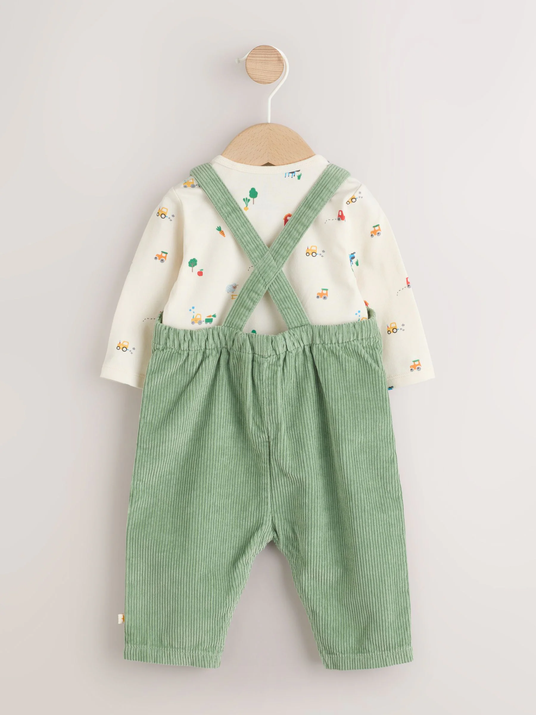 Groen met boerderijprint - Babyset van tuinbroek en rompertje (0mnd-2jr)