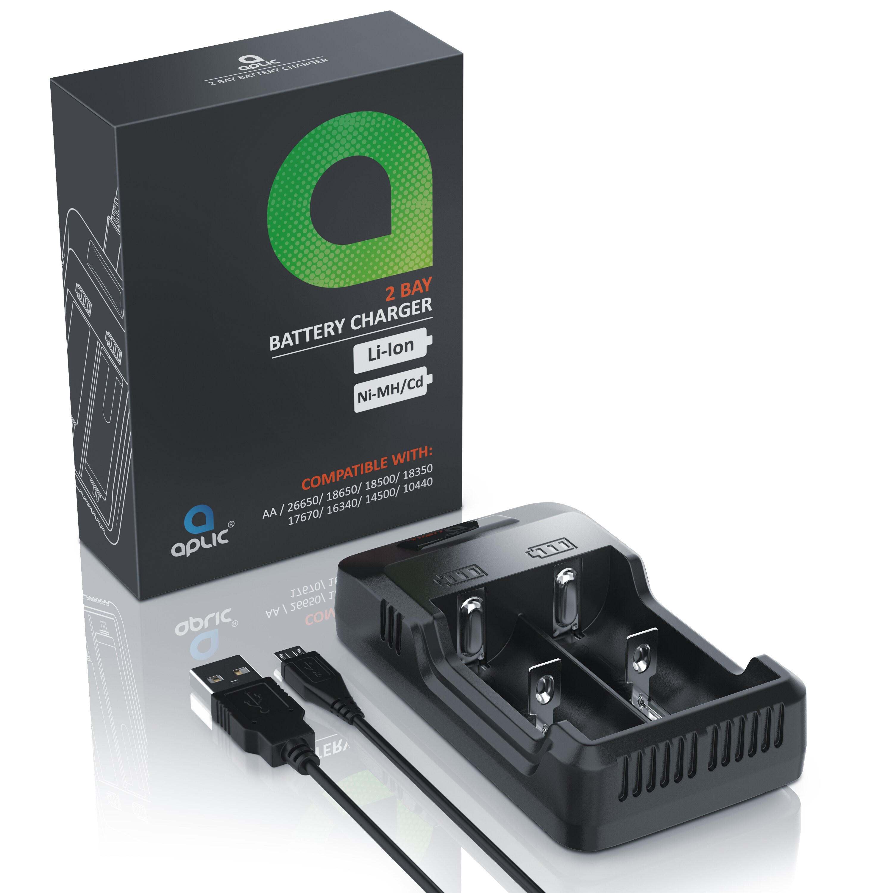 Aplic Batterie-Ladegerät 2000 mA, USB Akku Lader mit zwei Steckplätzen für Ni-MH / Ni-Cd / Li-ion Akkus