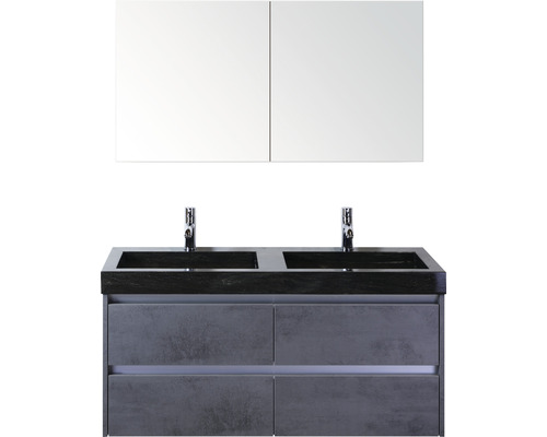 Sanox Dante badkamermeubelset (B x H x D): 121 x 170 x 45,5 cm, frontkleur: beton antraciet, met wastafel in natuursteen zwart