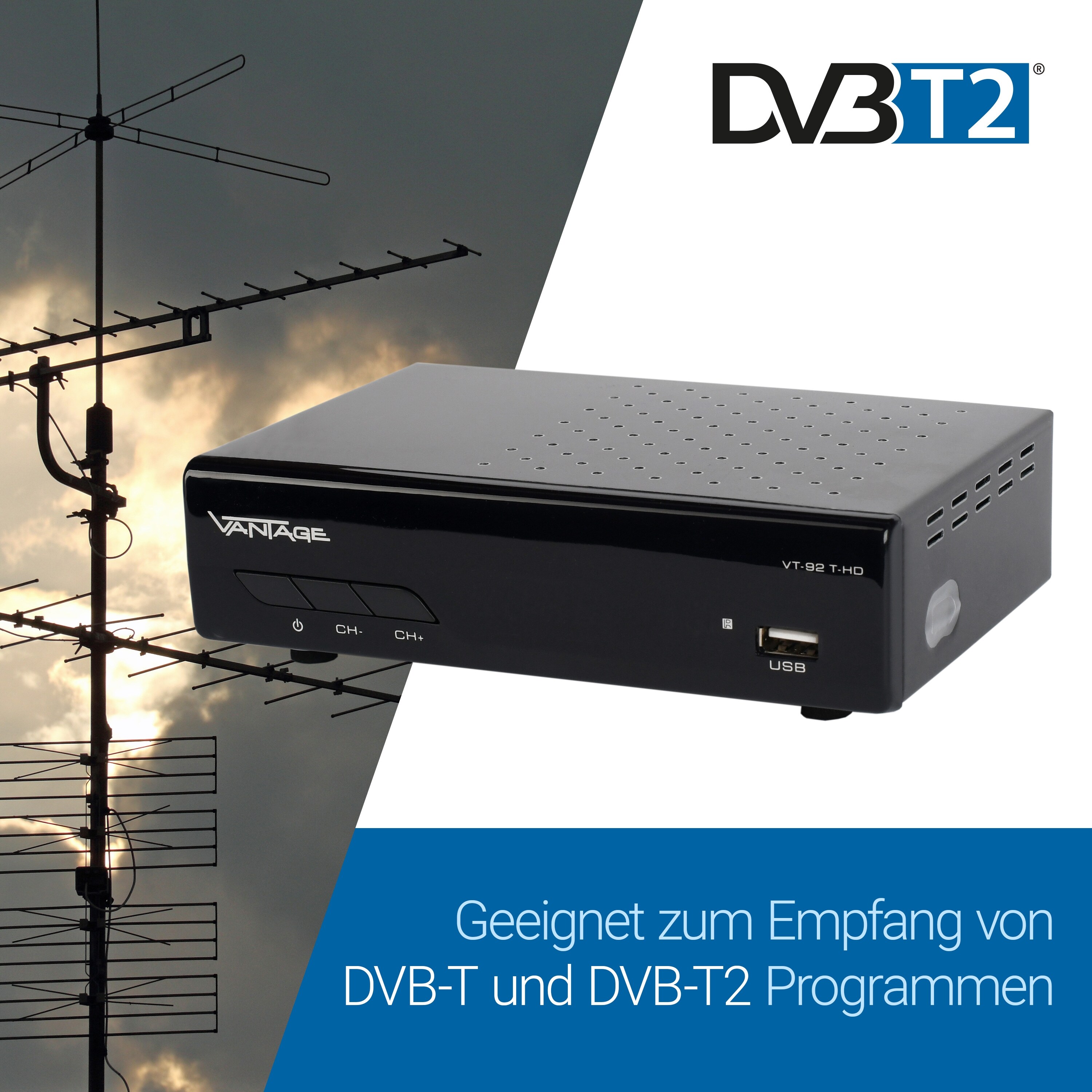 Vantage VT-92 DVB-T2 Receiver, Full HD 1080p, HDMI und SCART