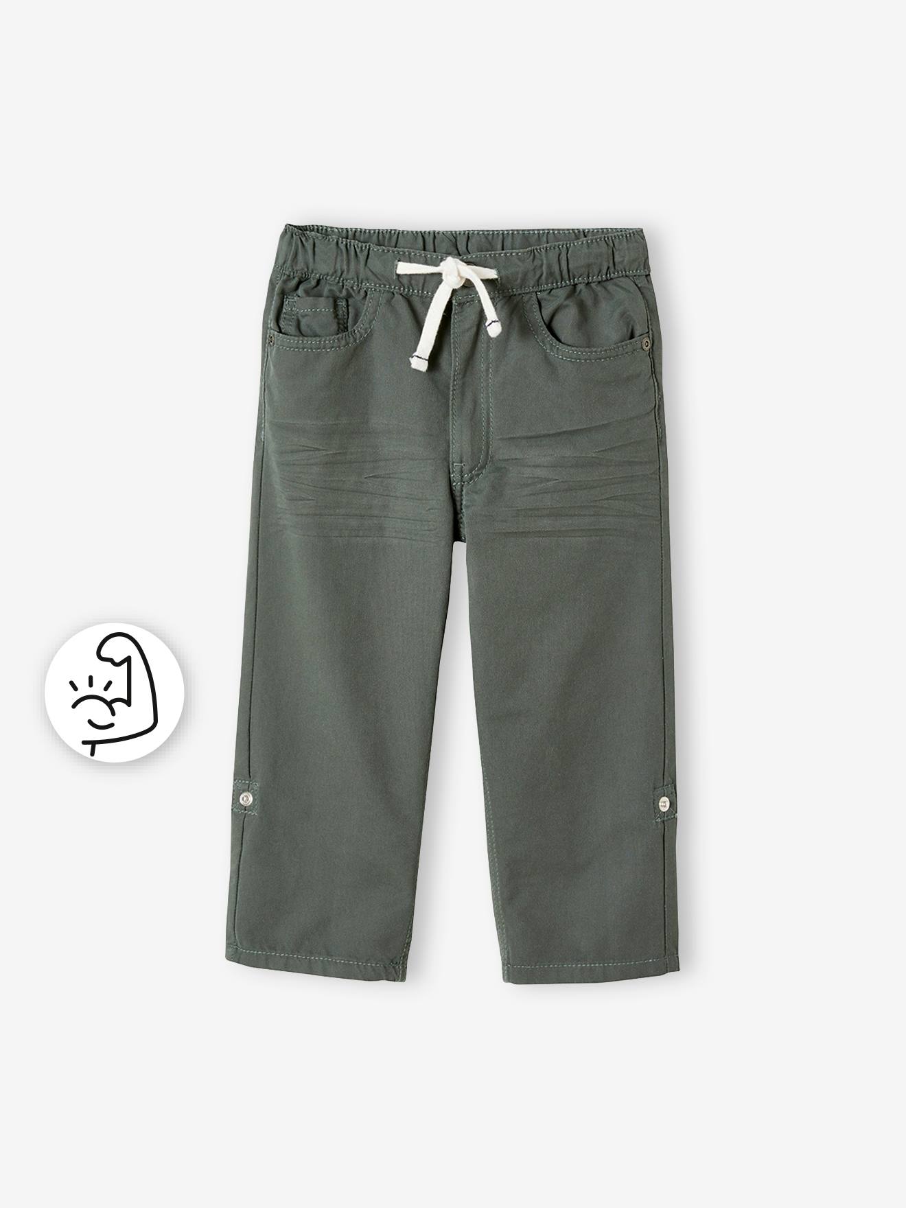 Calças indestrutíveis que se transformam em calças capri, para meninos, verde médio liso com motivos.
