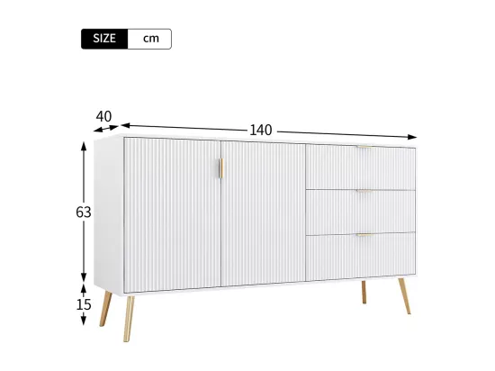 Buffet moderne avec pieds et poignées dorés, commode, laqué, coins arrondis, 7 compartiments, 140L*40P*78H cm, blanc