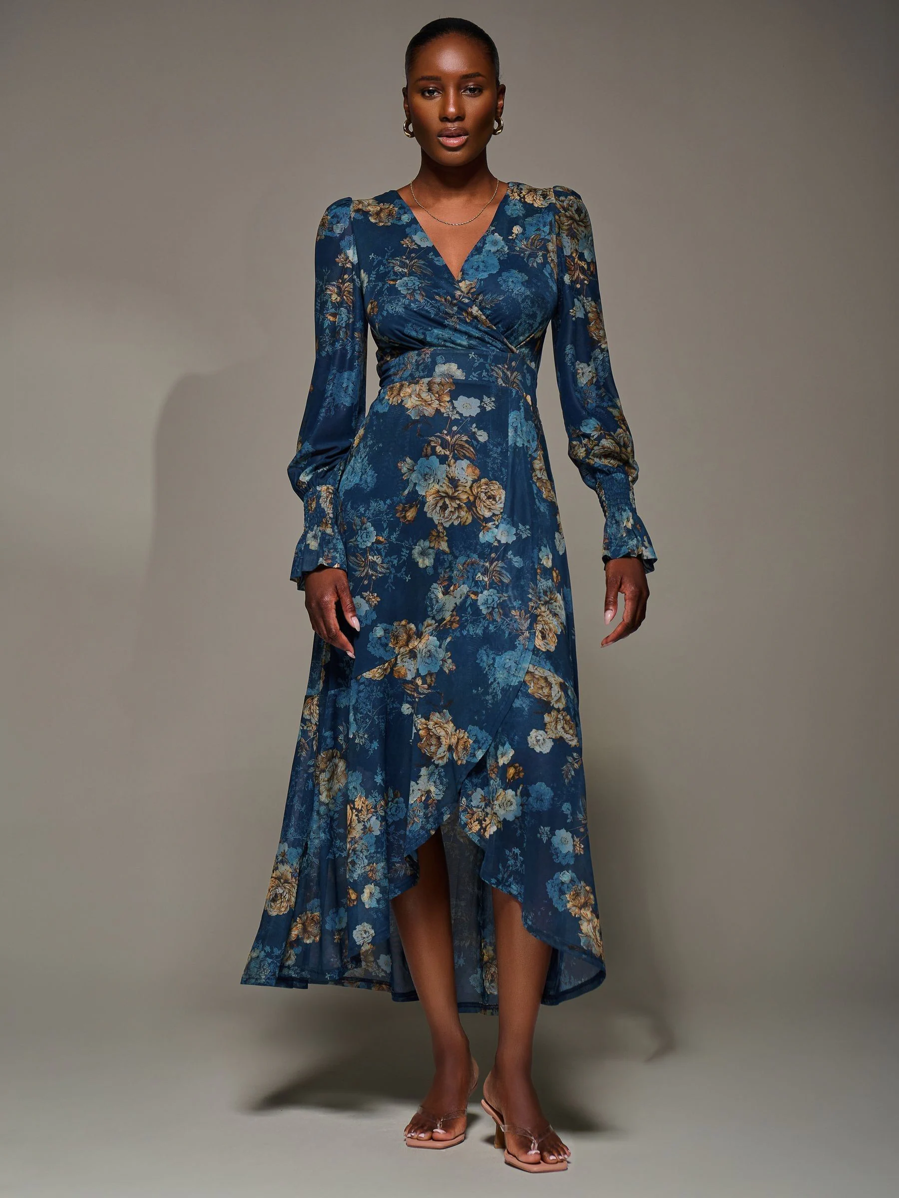 Jolie Moi Long Sleeve Frill Hem Mesh Maxi Dress