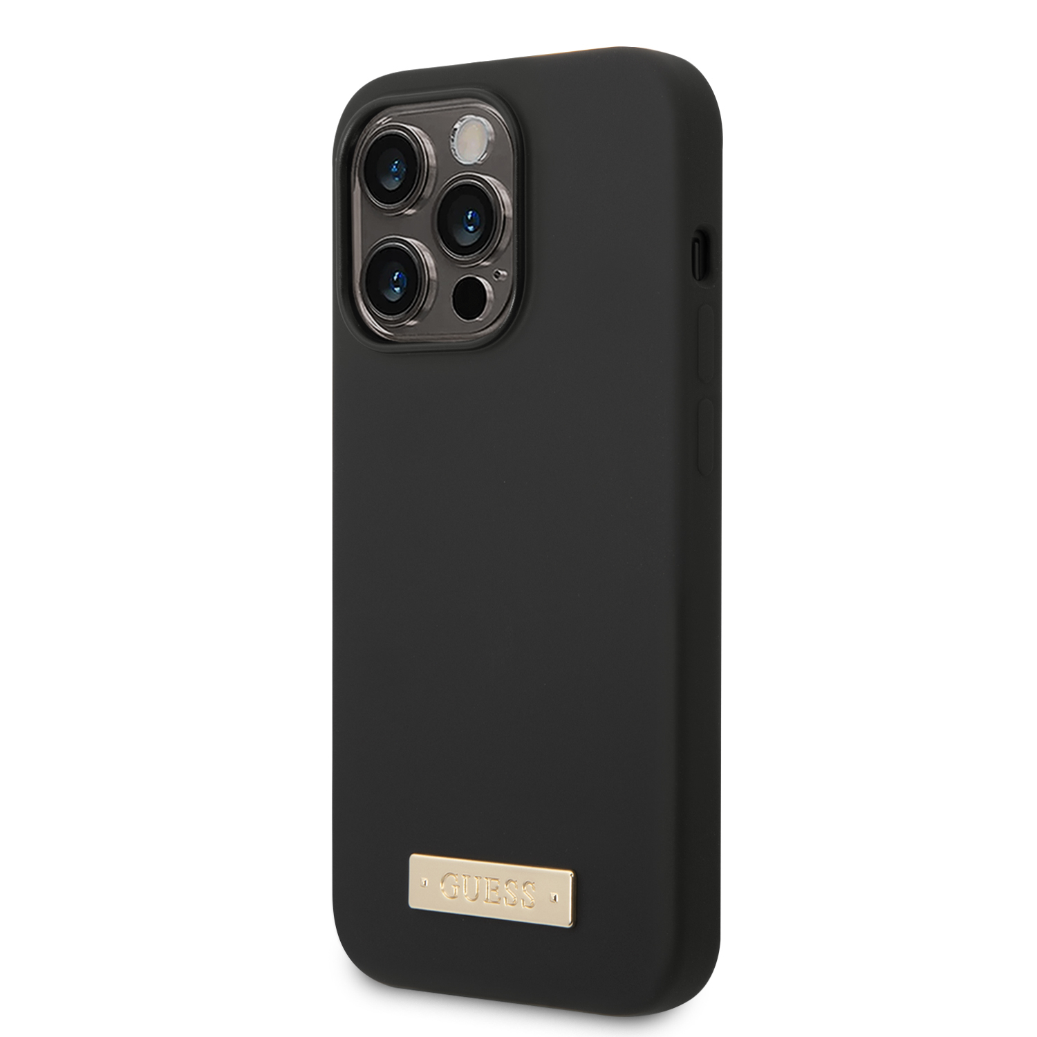 iPhone 14 Pro MagSafe Silikon Hardcase Hülle Logo Plate (GUHMP14LSBPLK) - Schwarz / Gold