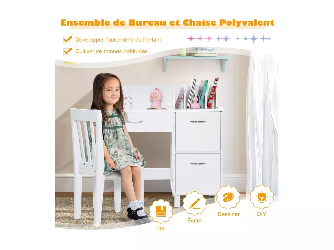 Bureau Enfants avec Chaise Ergonomique & Niches, Table d'Étude en Bois avec 2 Placards & Tiroir, Dispositif Anti-Basculement, Table Multifonctionnelle pour Dessiner Lire, 90x46x81cm, Blanc