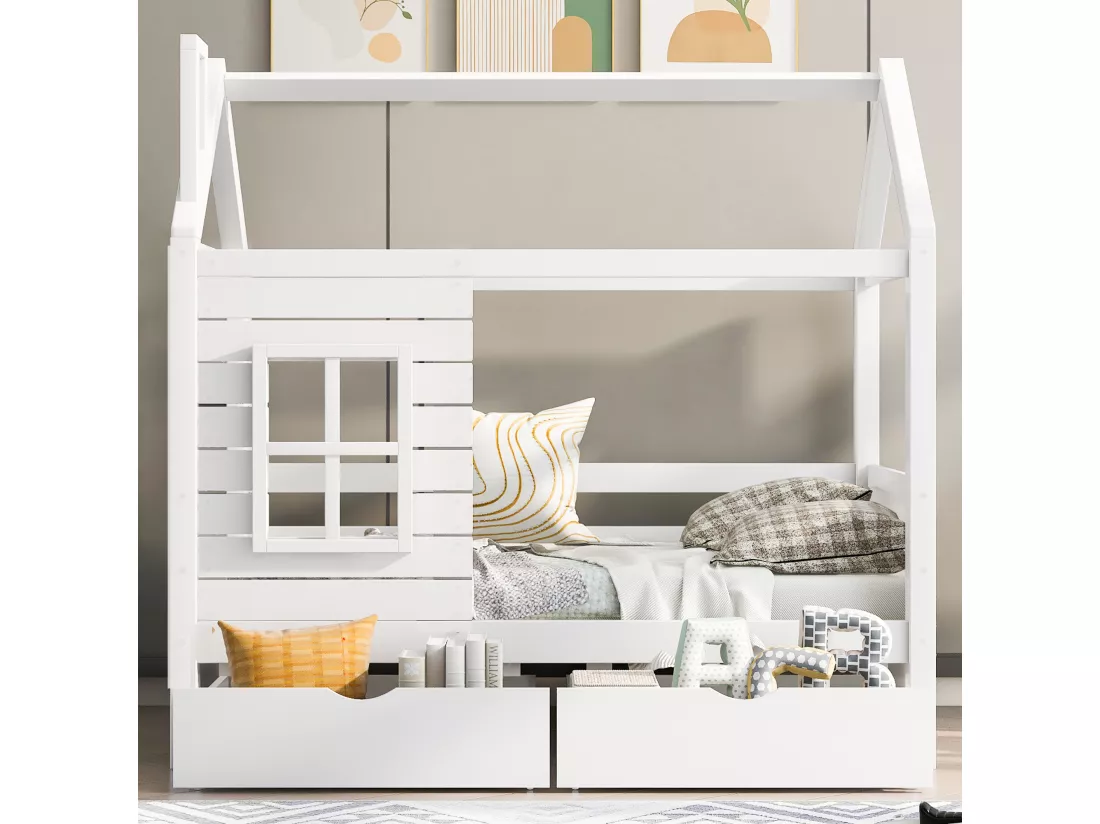 Lit cabane 80x160 cm avec 2 tiroirs - en forme de maison - en bois massif - Blanc