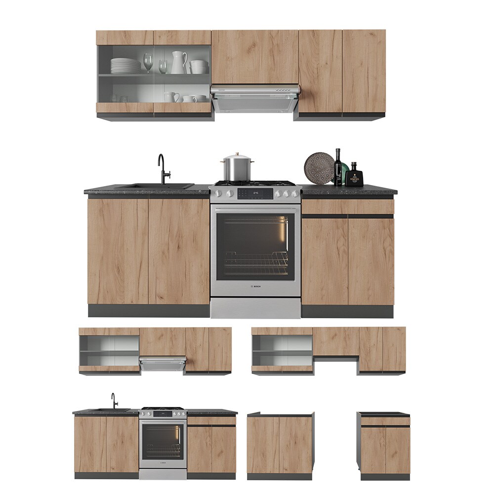 Vicco Küchenzeile Küchenblock Einbauküche R-Line J-Shape Anthrazit Eiche 200 cm modern Küchenschränke Küchenmöbel