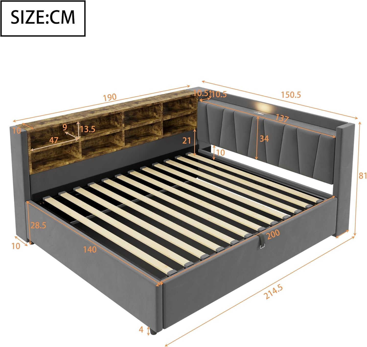 Polsterbett Schlafsofa 140x200, Doppelbett mit Staufach&Nachtlicht&Ladestation, Tagesbett mit Hydraulischem Stauraum & Lattenrost, Funktionsbett Stauraumbett Gästebett Jugendbett, Ohne Matratze, Grau