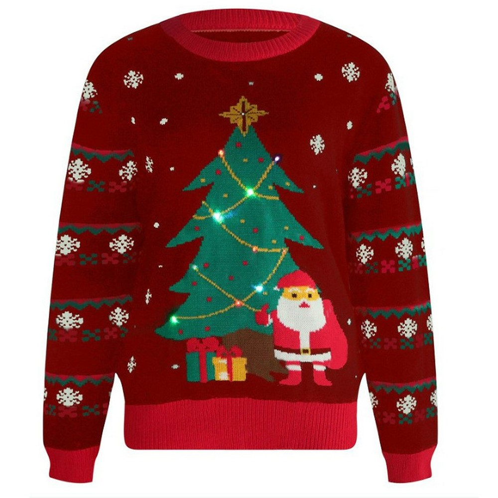 (Gr. L) Damen Strick Pullover Weihnachts Rundhals Sweatshirt mit LED Lichtern (inkl. Batterie CR2032) - Rot / Grün