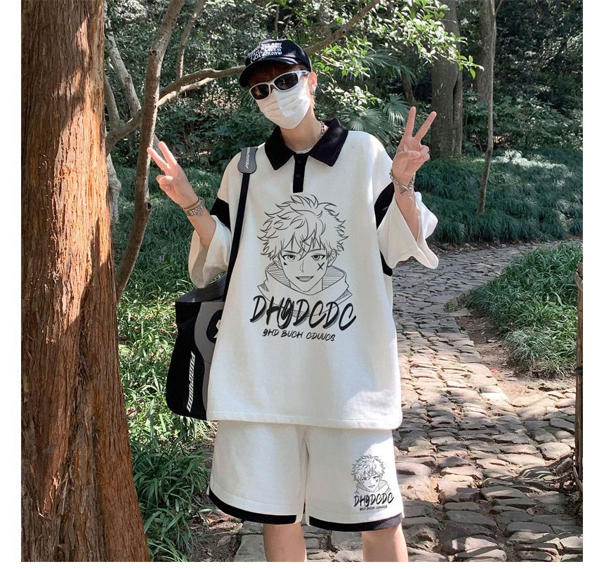 Derbundy - Set: Anime Print Panel Polo Shirt met Elleboogmouwen + Sweat Shorts