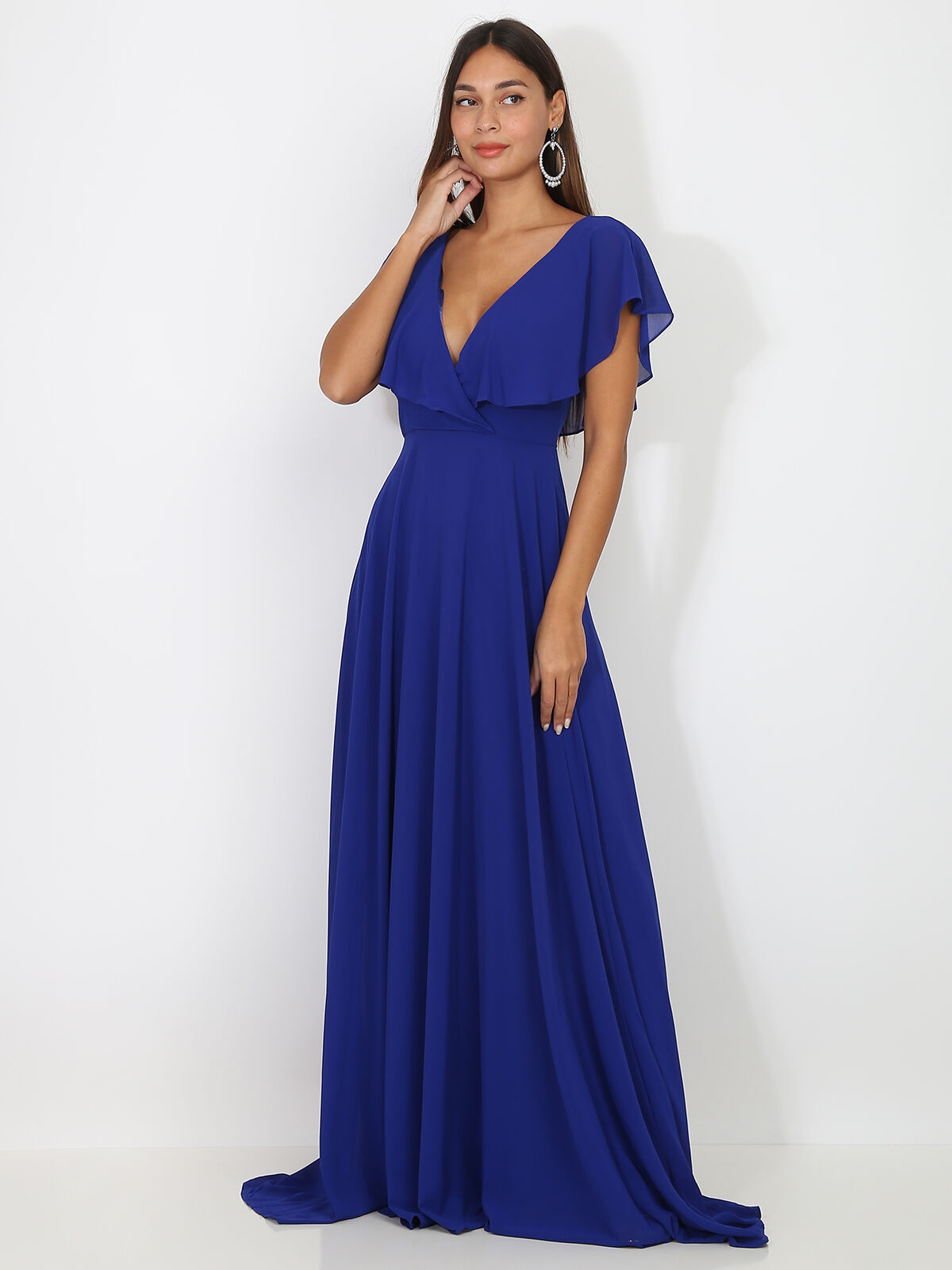 Robe longue décolleté à volants- Bleu