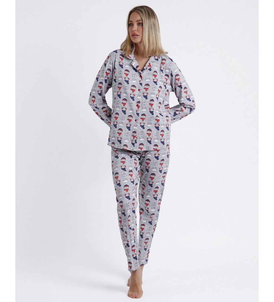 Pijama Admas de manga comprida aberto, estampa Bom Dia Ratinho Cinza