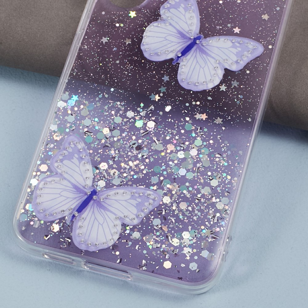Samsung Galaxy S24 Hybrid Hardcase Schutzhülle im Glitzer Design Schmetterling - Lila / Transparent