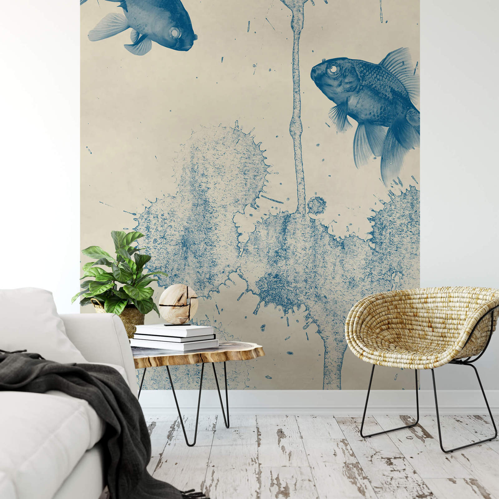 Fototapete DESIGNWALLS 2.0 - blau-beige/creme - Fische - 2,6 Meter