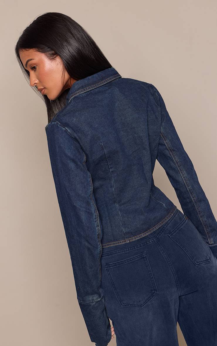 Bleu Indigo Foncé Veste En Jean Cintrée À Manches Longues Pour Grande Taille