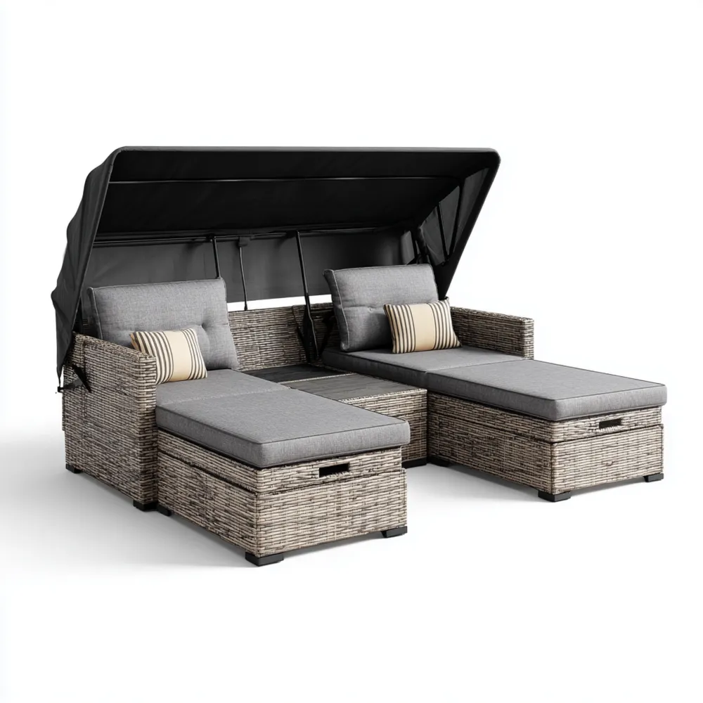 Gartenliege Rattan 210x140x150 cm – Grau – Verstellbares Sonnendach
