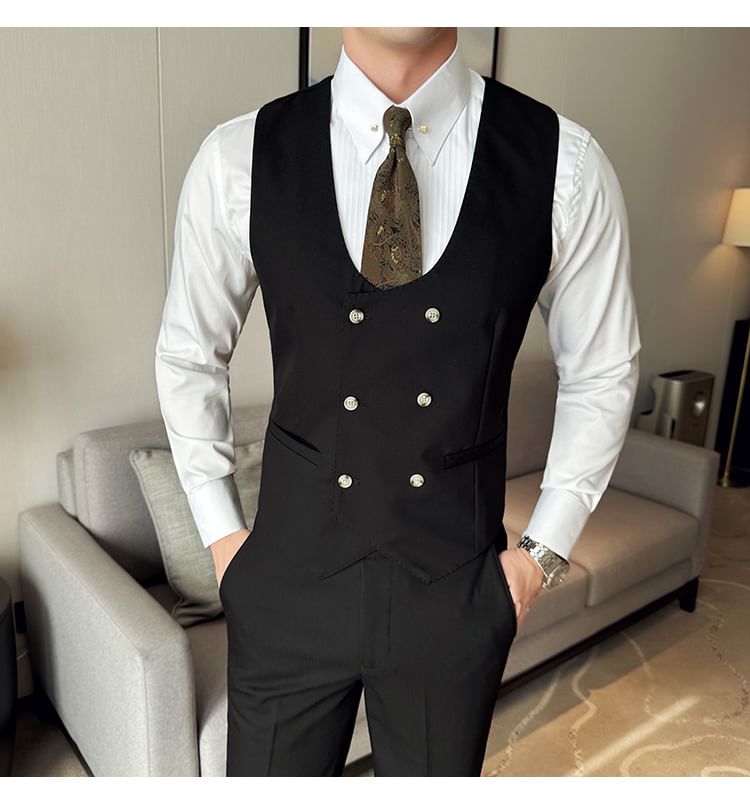 Blueforce - Set: Blazer met dubbele rij knopen en hoge revers + vest + rechte broek met hoge taille