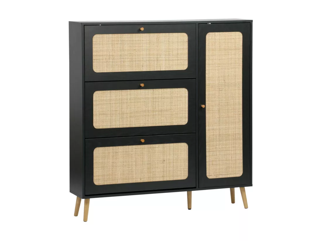 Meuble à chaussure cannage Bohème noir. 3 tiroirs. 1 porte. 21 paires. 120 x 24 x 125 cm