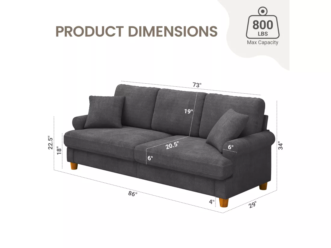 Canapé confort 3 places, Tissu en Chenille, avec accoudoirs,coussins et 2 oreillers, Charge max 365 kg - 220x76x86 cm