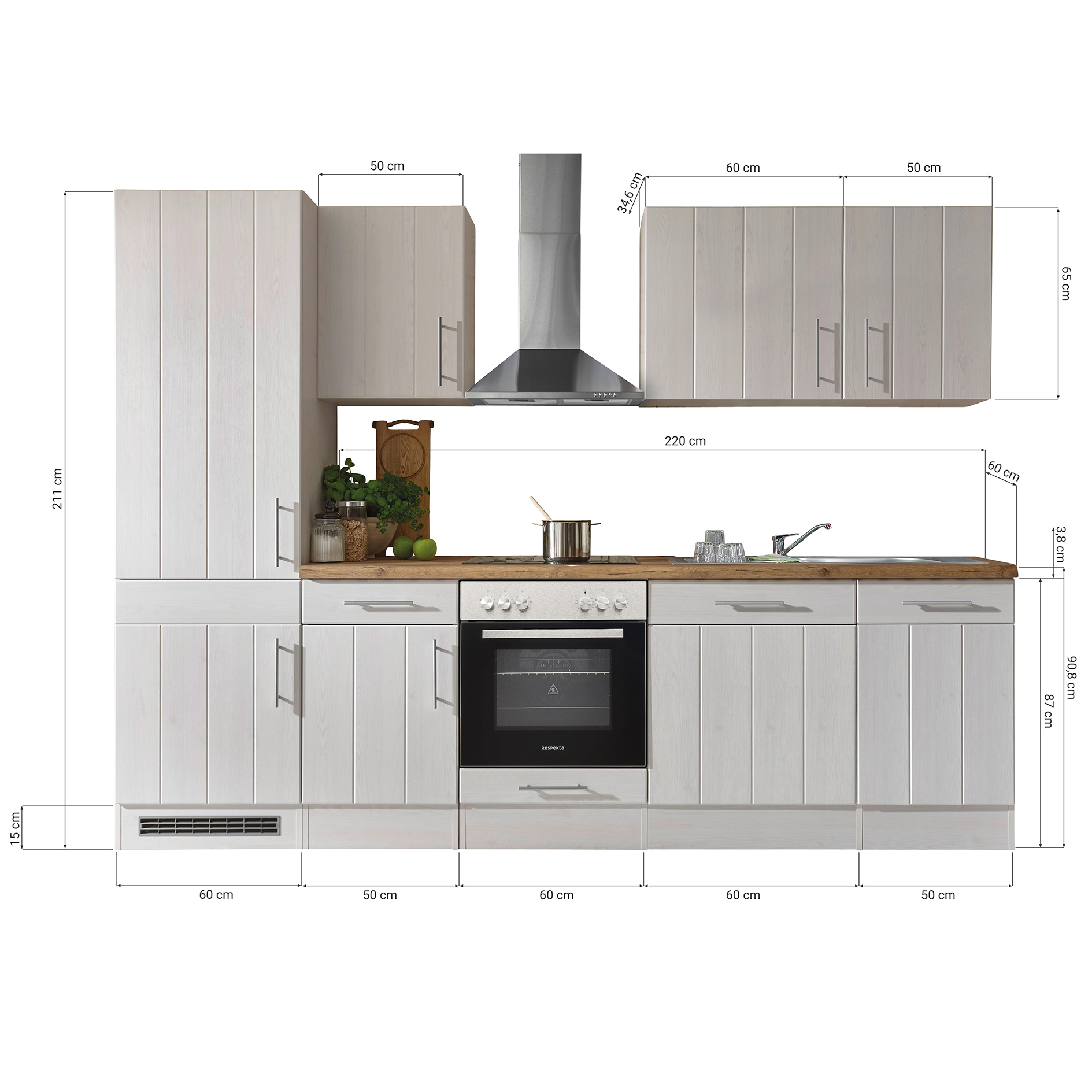 RESPEKTA Küchenblock - Lärche weiß - mit E-Geräten - 280 cm