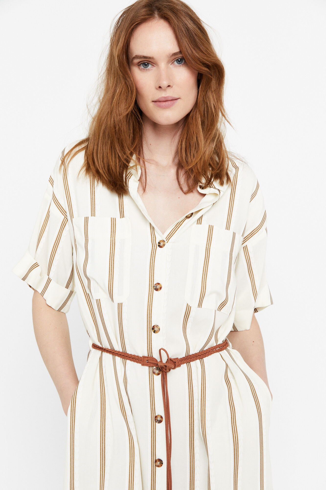 Vestido camisa com cinto - Estampa branca