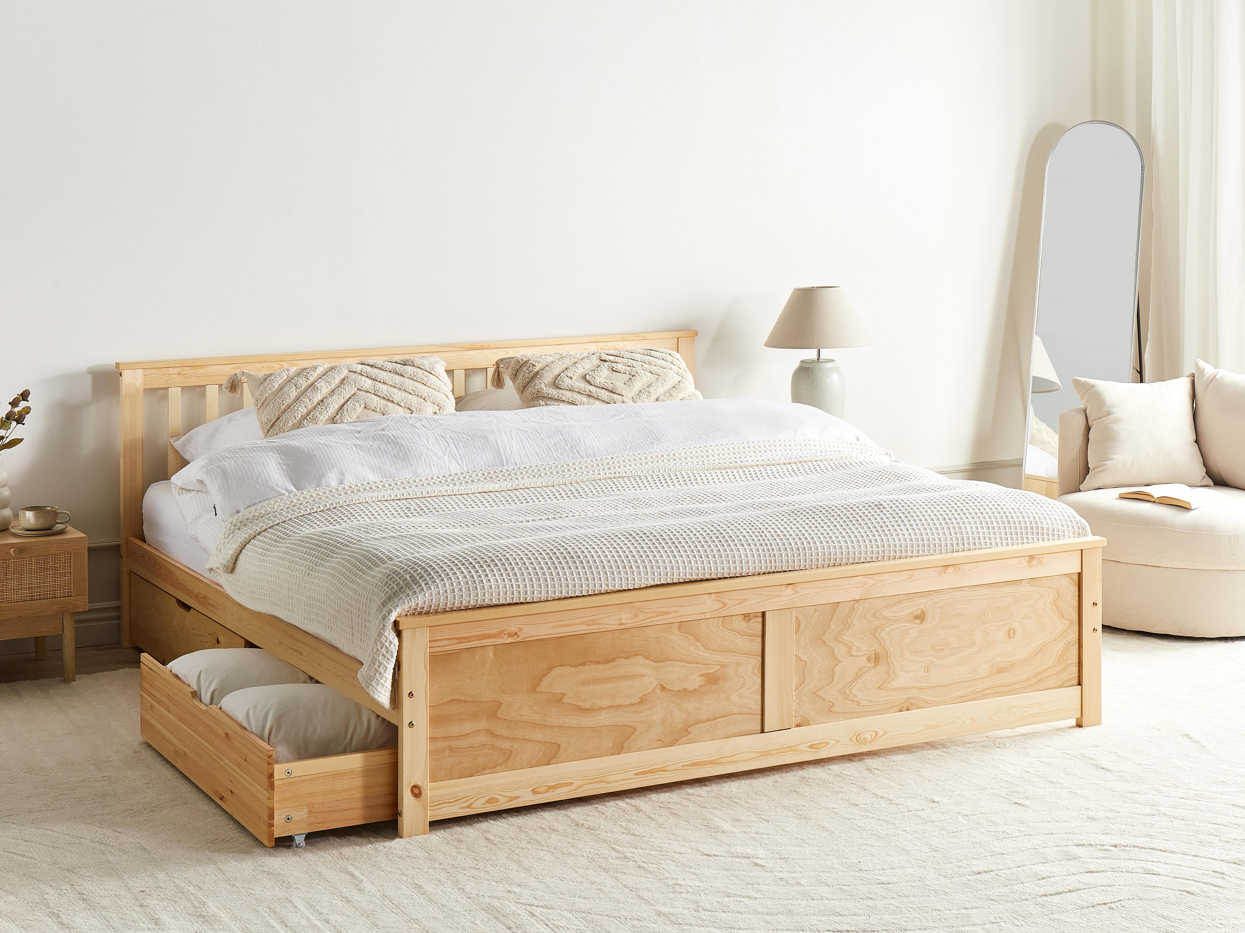 Bed met opbergladen Dennenhout OLENDON 160 x 200 cm Lichtbruin