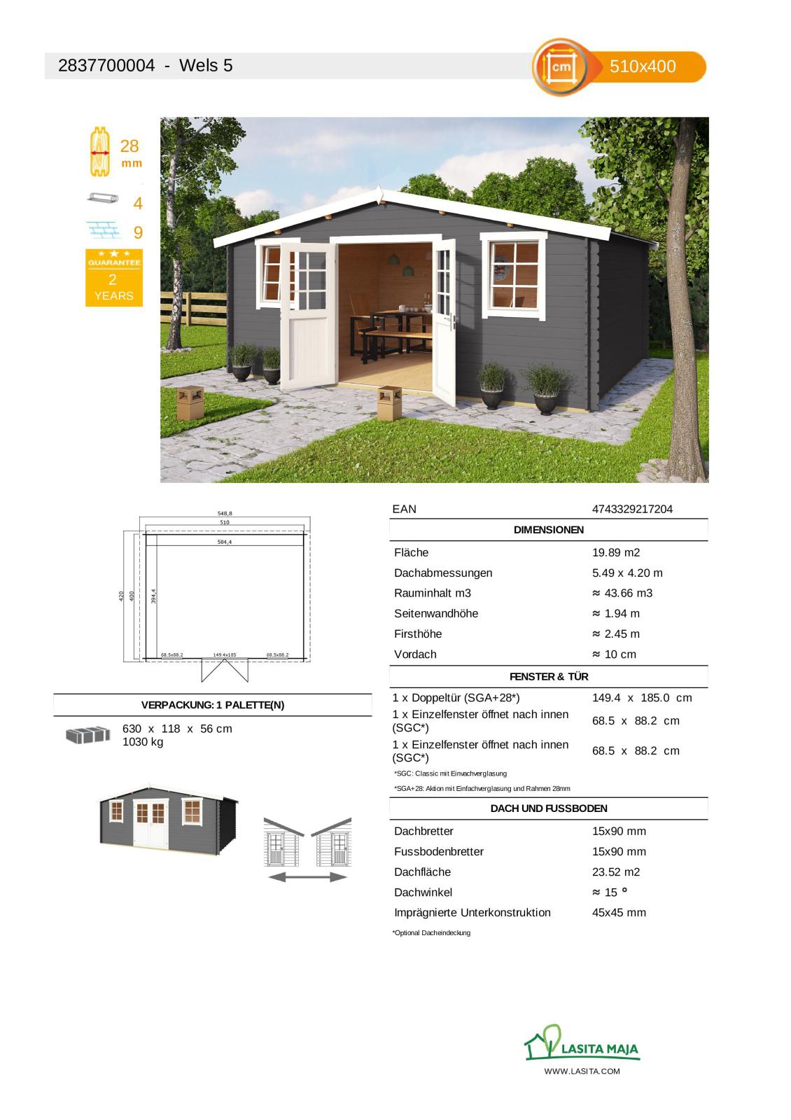 Gartenhaus WELS 5 - carbongrau - Fichte massiv - 510x400 cm