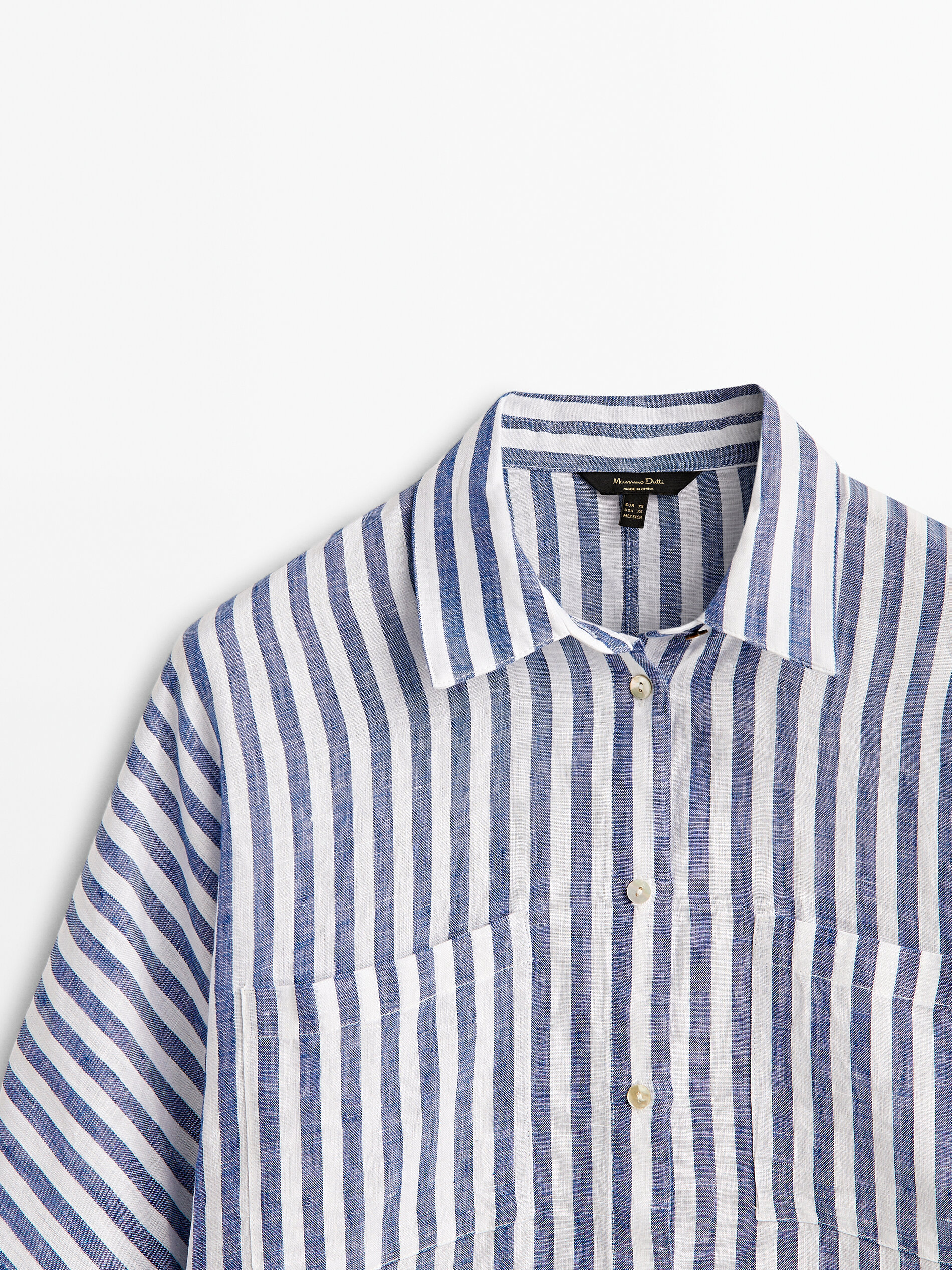 Camisa rayas bolsillos 100% linho - AZUL