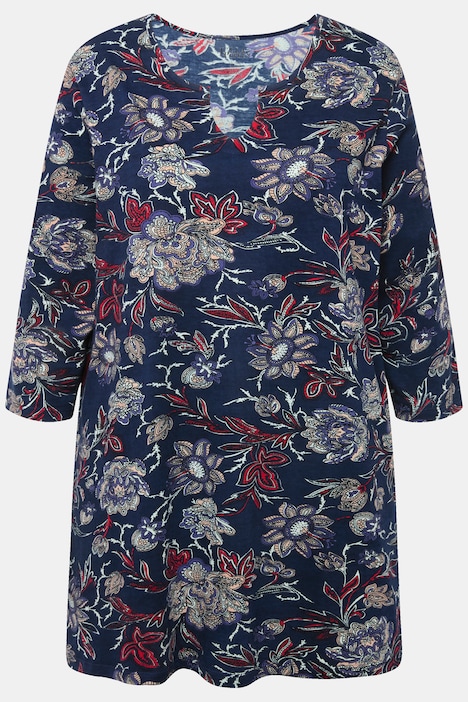 Longshirt, Blüten, A-Linie, Tunika-Ausschnitt, 3/4-Arm