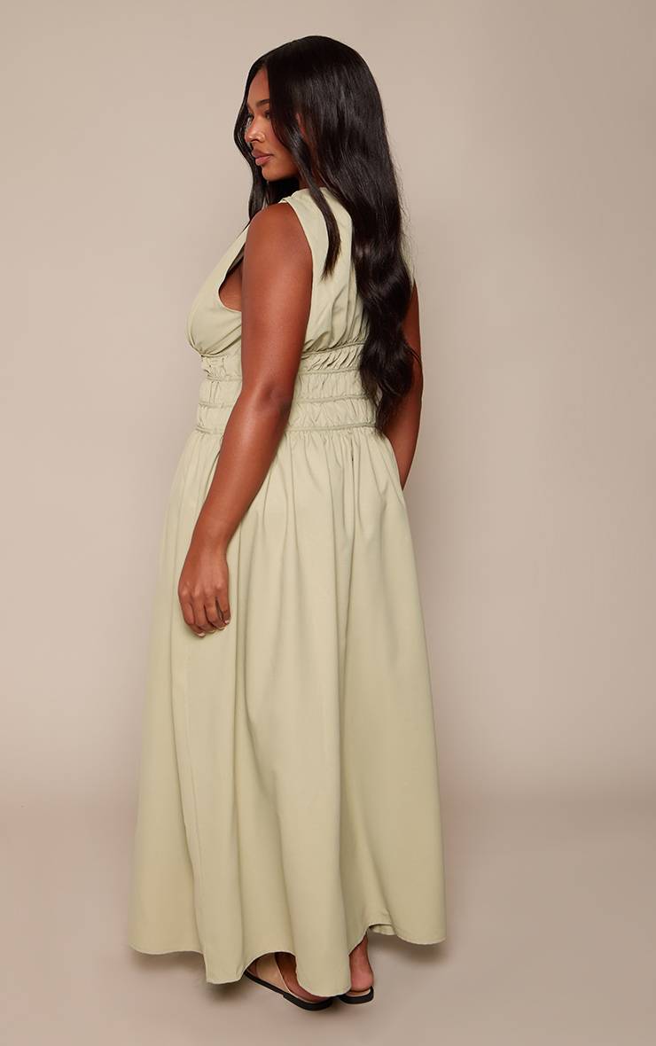 Vert Sauge Robe Longue Droite Grande Taille Blanche Avec Détail Ceinturé À La Taille