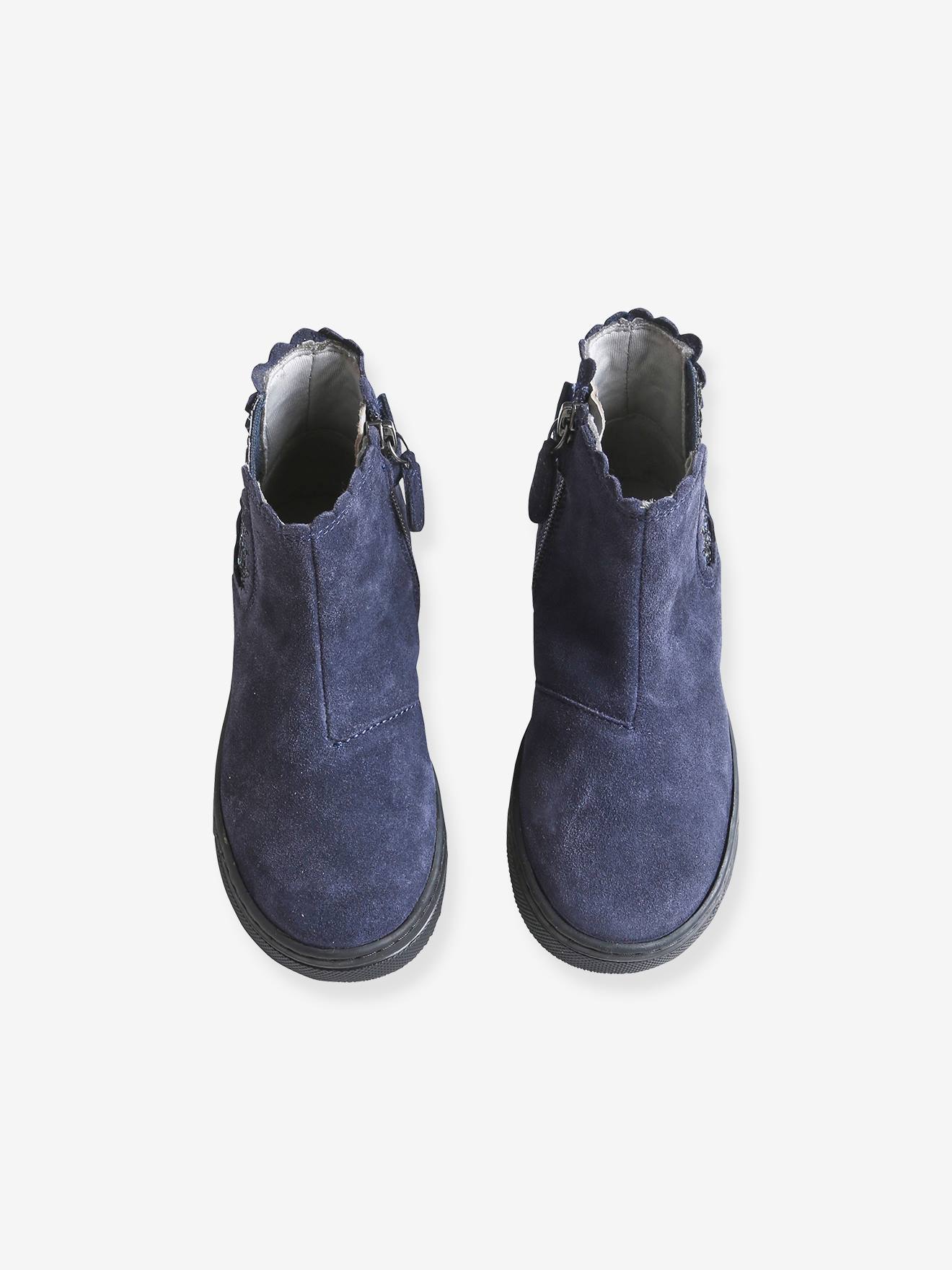 Botas de cano curto com elástico e zíper, para meninas, azul escuro liso