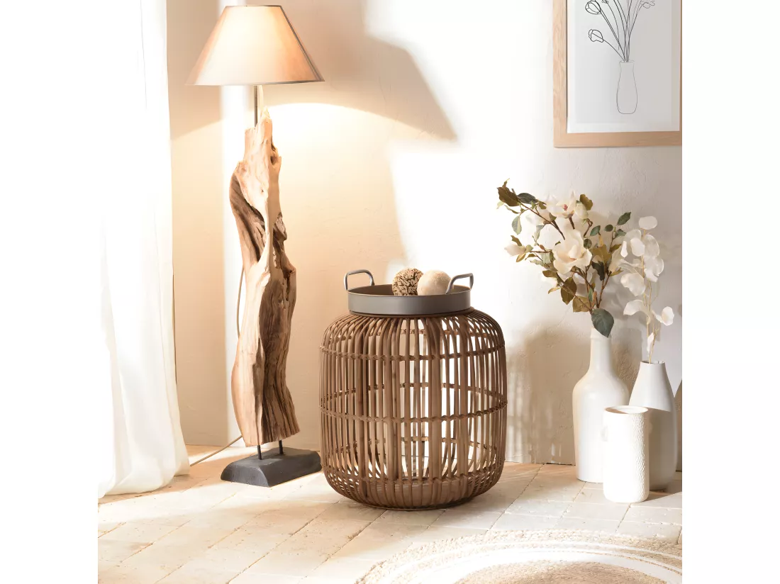 VICTOIRE - Table d'appoint cylindrique avec poignées 51x51cm plateau en métal noir piètement en rotin marron