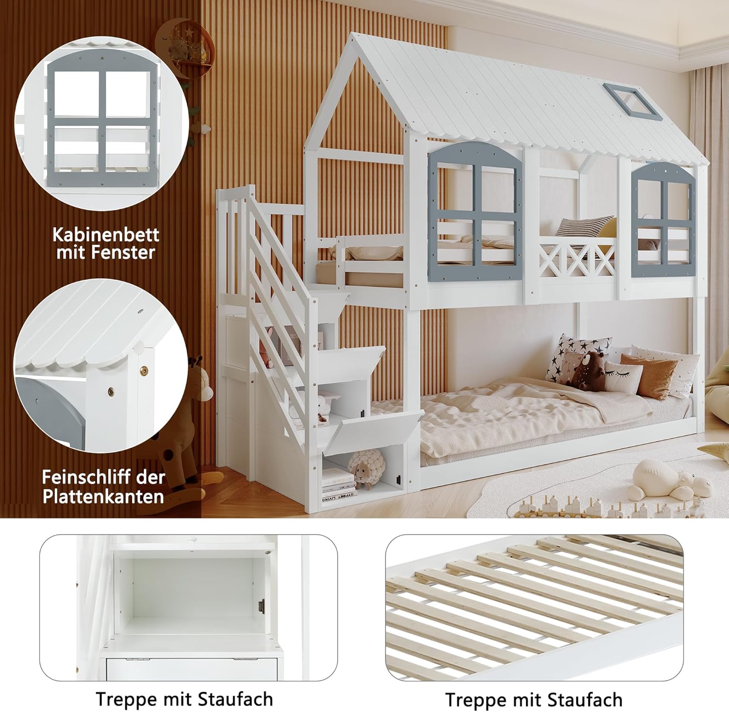 Merax Etagenbett 90x200cm, Kinderbett Hochbett für 2 Kinder, Baumhausbett mit Rausfallschutz & Lattenrost, Hausbett mit Dach & Fenster, Platzsparendes Stockbett mit Stauraumtreppe, Jugendbett, Weiß