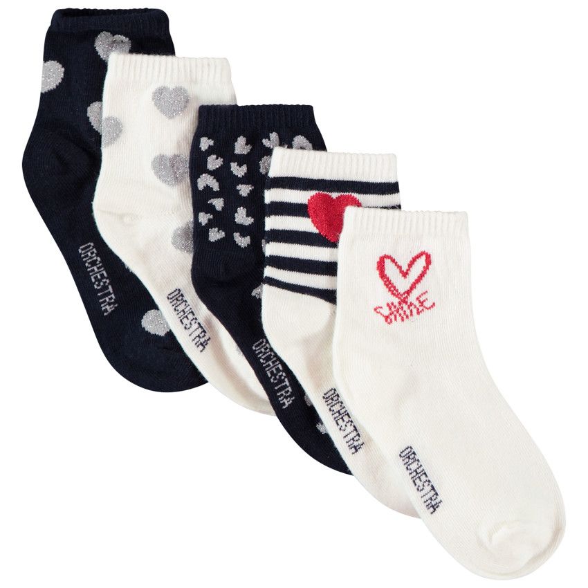 Lot de 5 paires de chaussettes fantaisie imprimé coeurs et rayures pour fille - Bleu marine