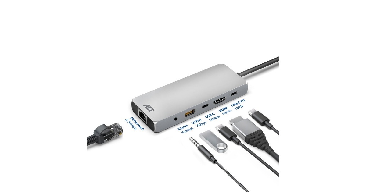 ACT ConnectivityUSB-C 4K / 8K 60Hz dockingstation  (Grijs)