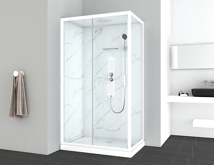 Cabine de douche, paroi fond verre effet marbre blanc, receveur extra-plat acrylique blanc renforcé 120x80x11 cm Enorh Allibert