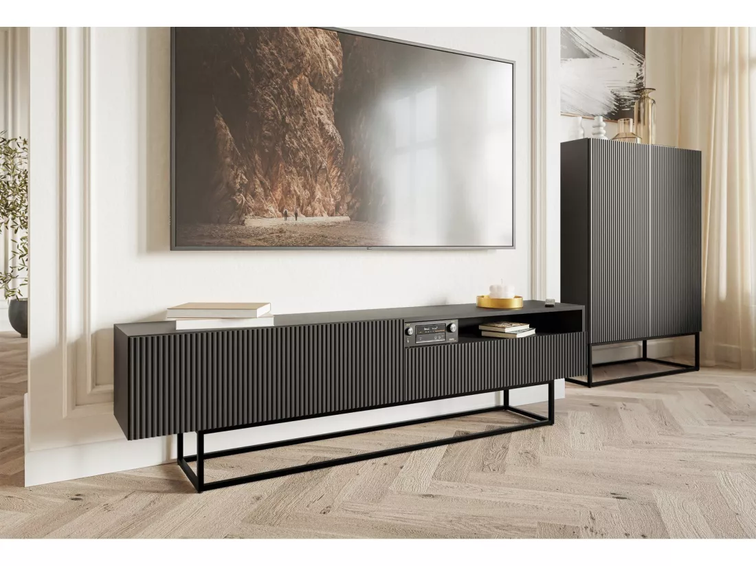 Meuble TV avec niche sur pieds noir - 175 cm - noir - VELDIO