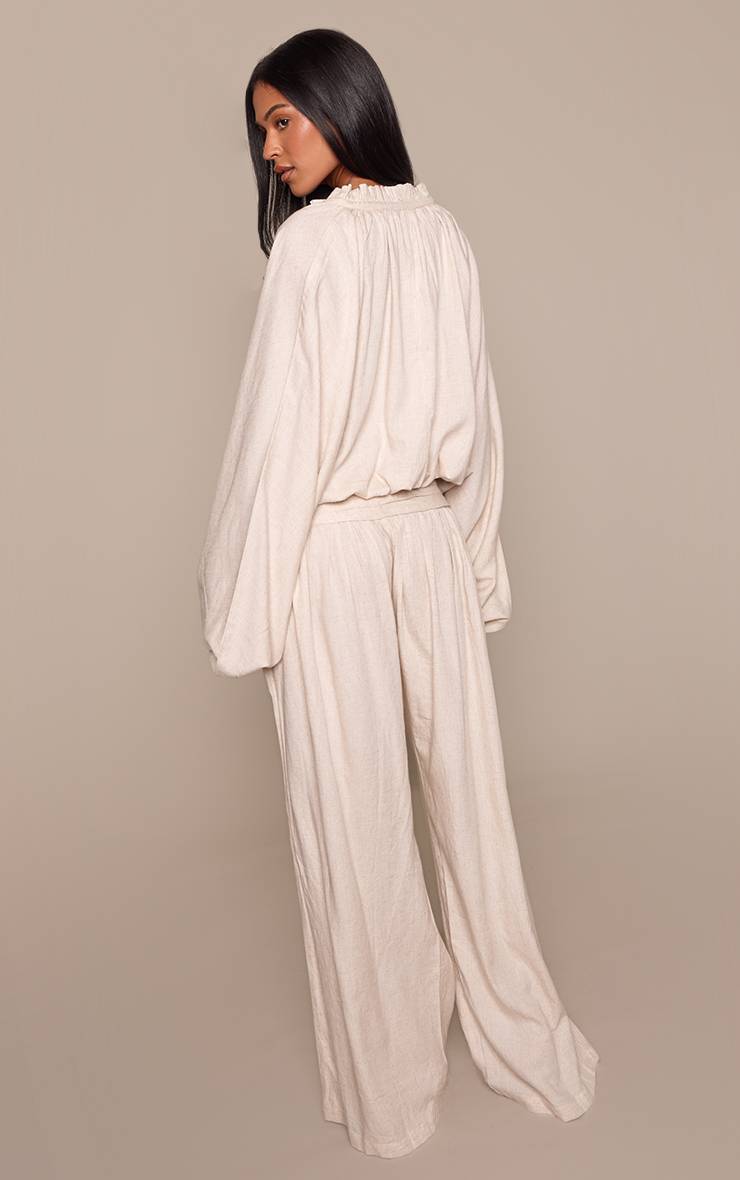 Beige Pantalon Taille Haute Froncée En Lin Pour Grandes Tailles - Ensemble Coordonné