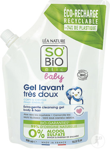 So'Bio Étic Gel Lavant Très Doux Bébé Corps Et Cheveux Peaux Sensibles Bio Eco-Recharge 500ml