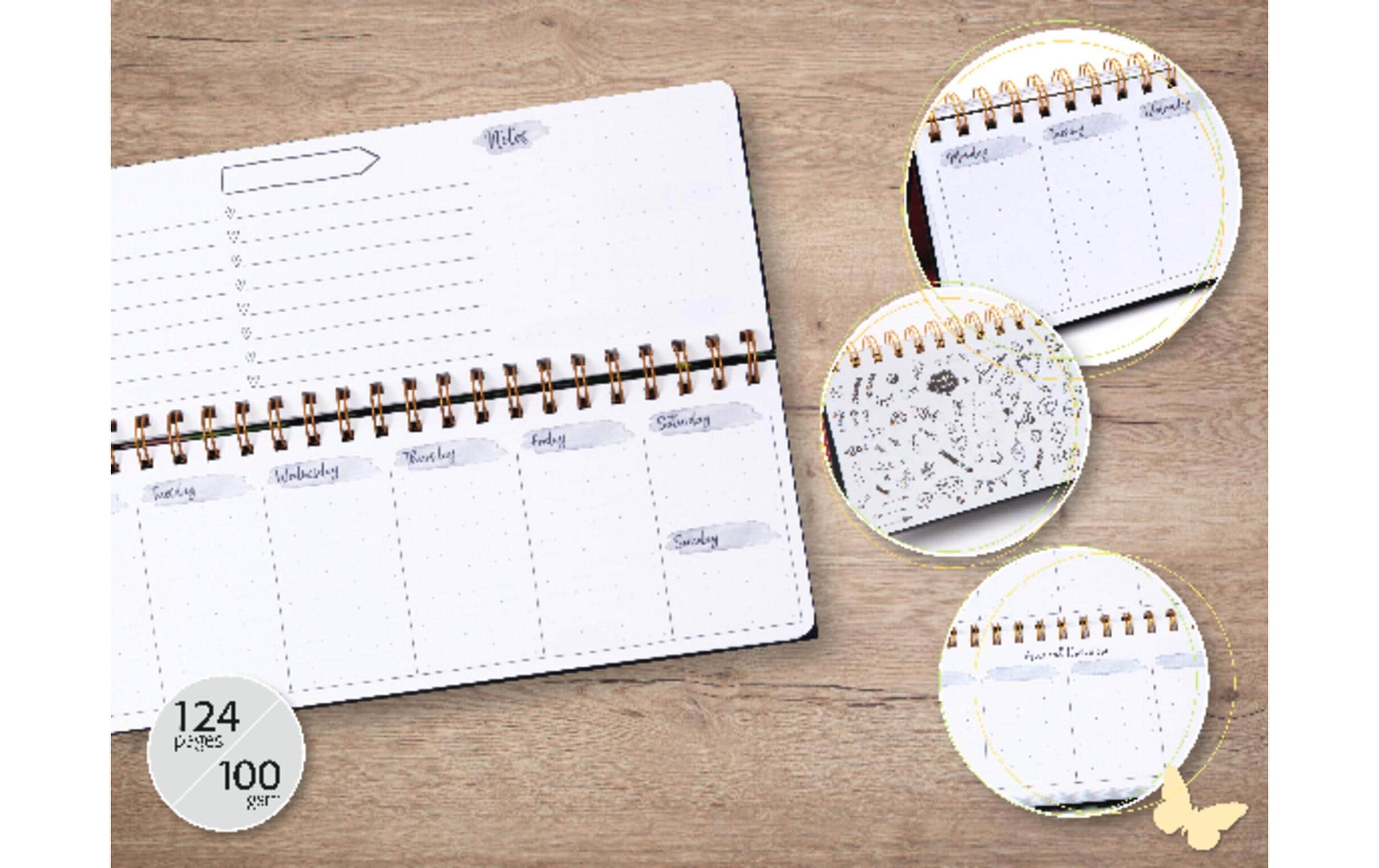 Wochenplaner Undatiert, Glamorous Leaves Pflanze, MehrfarbigWochenagenda mit Spiralbindung
