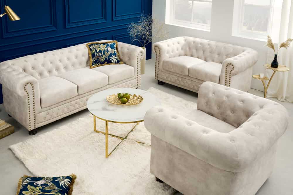 Chesterfield 3-Sitzer Sofa 200cm champagner beige Samt Federkern Knopfheftung