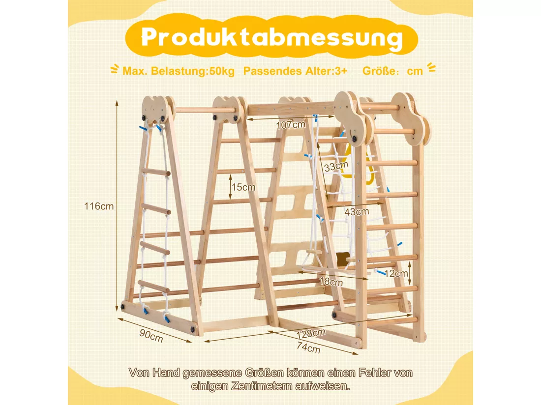 Aire de jeu 7 en 1 pour enfant - avec toboggan, barre d'escalade, balançoire, corde d'escalade, échelles en filet - couleur bois