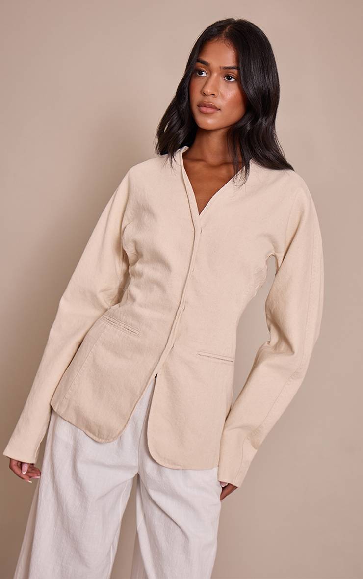 Ecru Blazer En Denim Ajusté À Ourlet Courbe Pour Grande Taille